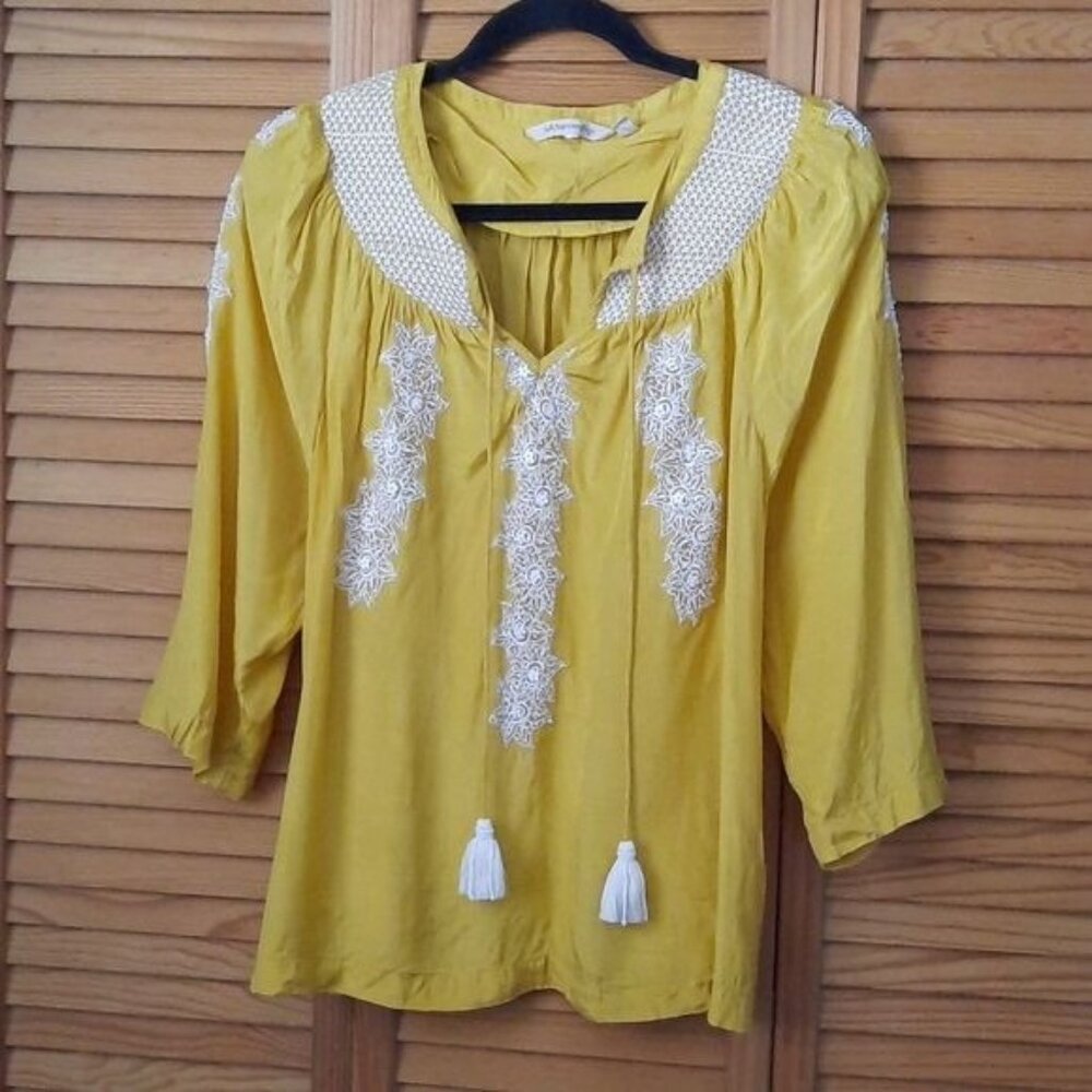 Soft Surroundings Yellow Embroidered Floral Beaded Boho Tassle 3/4 Sleeve Top M